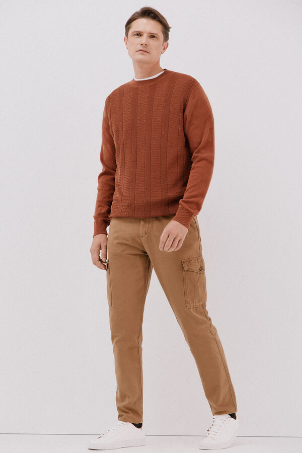 Cortefiel Fine braided cotton crew crew neck sweater Camel