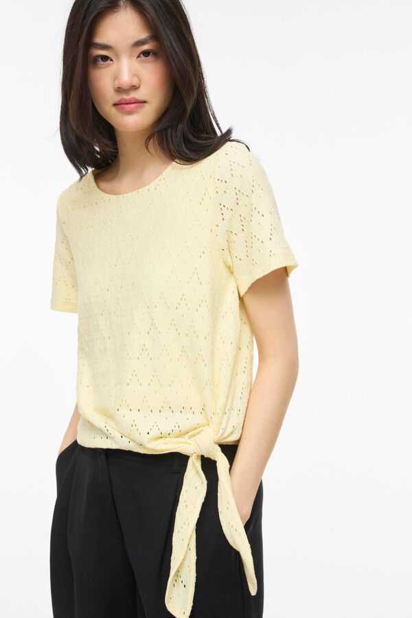 Vila Cotton openwork short sleeve top Yellow