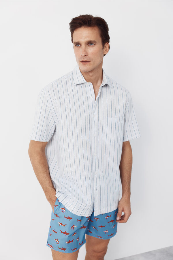 Cortefiel Striped cotton linen short sleeve shirt Blue