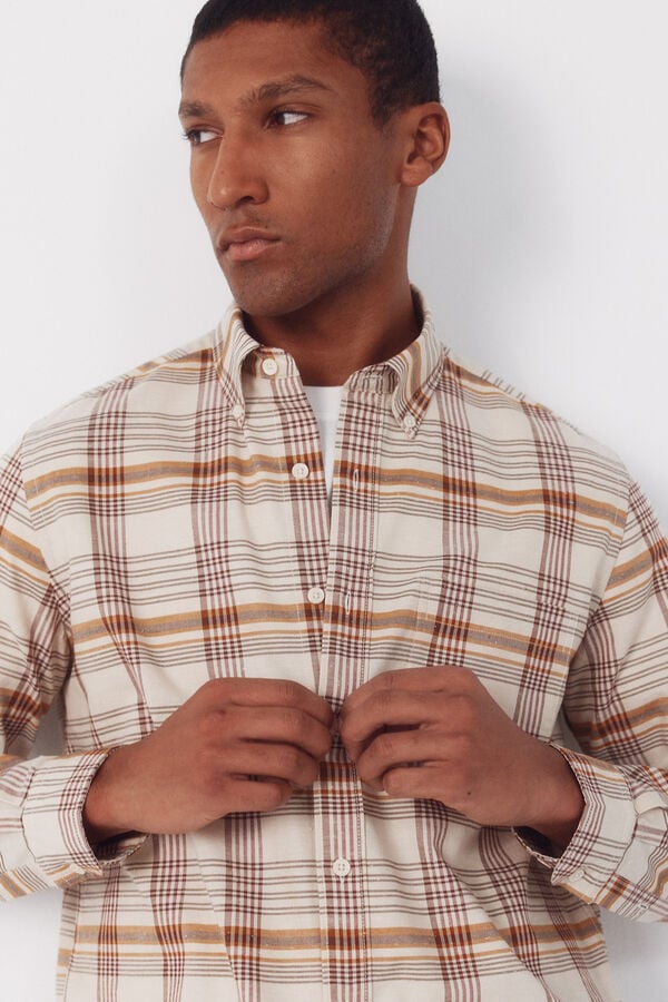Cortefiel Slub Oxford plaid shirt Beige