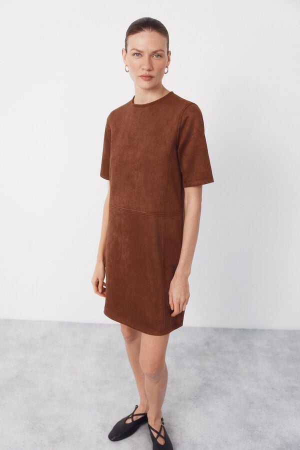 Cortefiel Short suede dress Beige