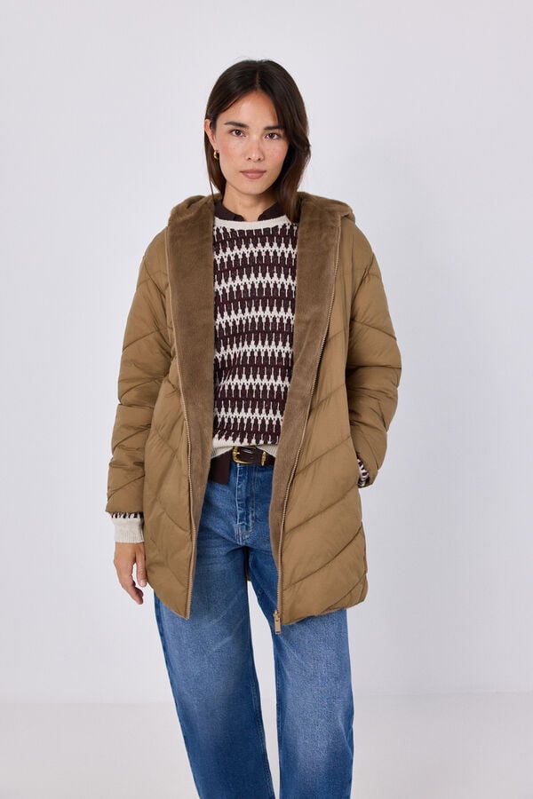 Cortefiel Anorak acolchado reversible efecto pelo Beige