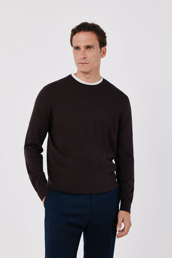Cortefiel Cotton cashmere knit crew neck jumper Dark brown