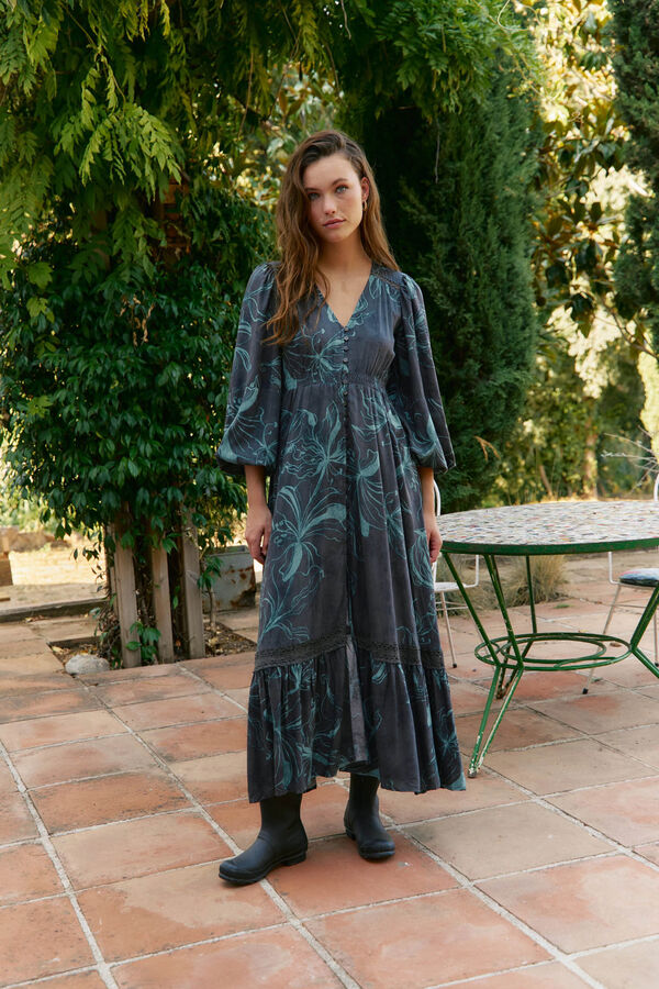 Jaase Vestido longo Carmen de manga comprida com estampado de lírio da meia-noite Cinzento