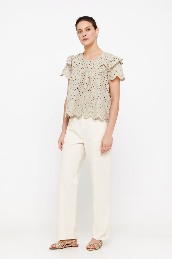 Cortefiel Embroidered short-sleeved blouse Nude