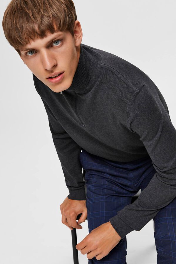 Selected Camisola de malha com meio fecho-&eacute;clair 100% algod&atilde;o Cinzento