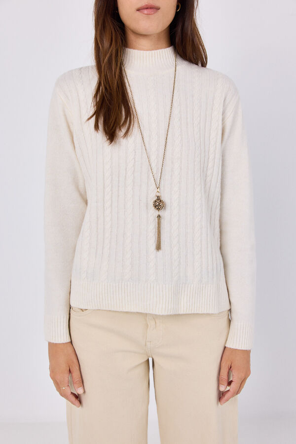 Cortefiel Cable knit funnel neck jumper Ivory