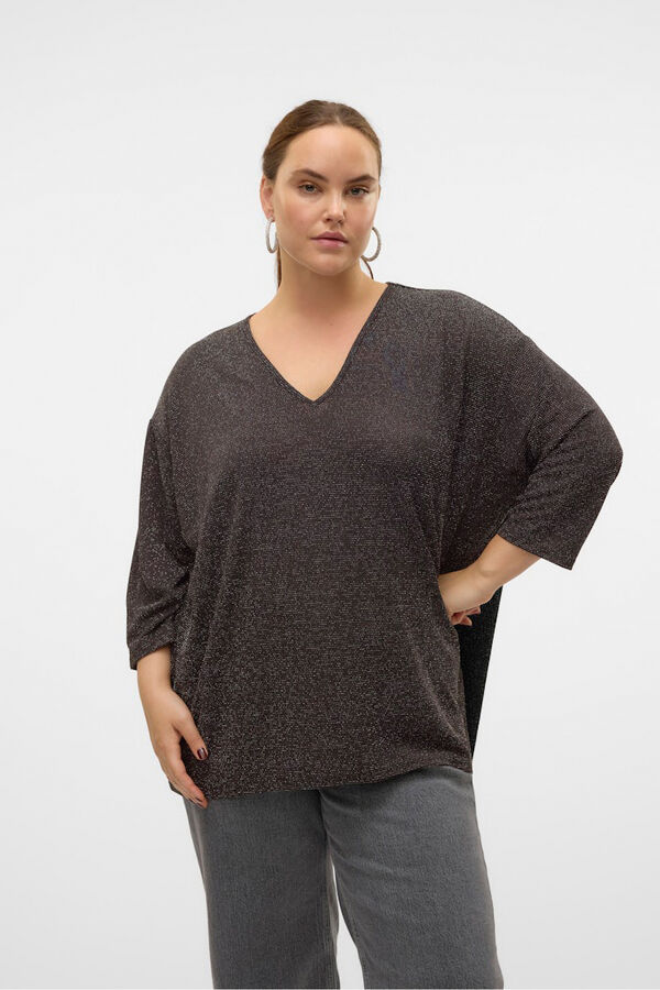 Vero Moda Curve Camisola de lurex com gola em V tamanho grande Castanho