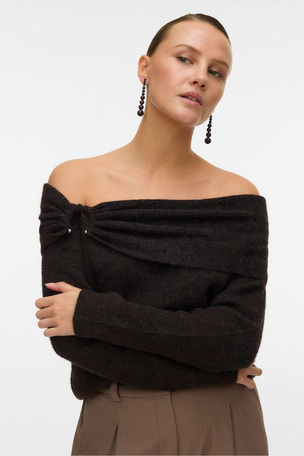 Vero Moda Camisola feminino de malha macia de malha manga Castanho