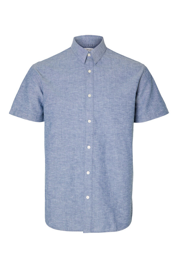 Cortefiel Camisa de manga corta confeccionada con lino. Azul royal