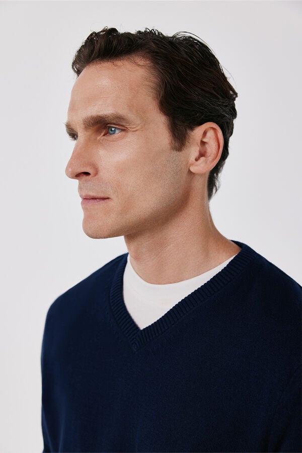 Cortefiel Cotton fine knit V-neck jumper Navy