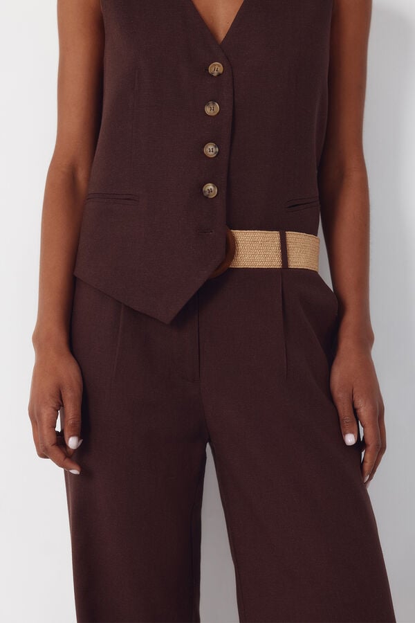 Cortefiel Pantal&oacute;n ancho con lino Marr&oacute;n oscuro