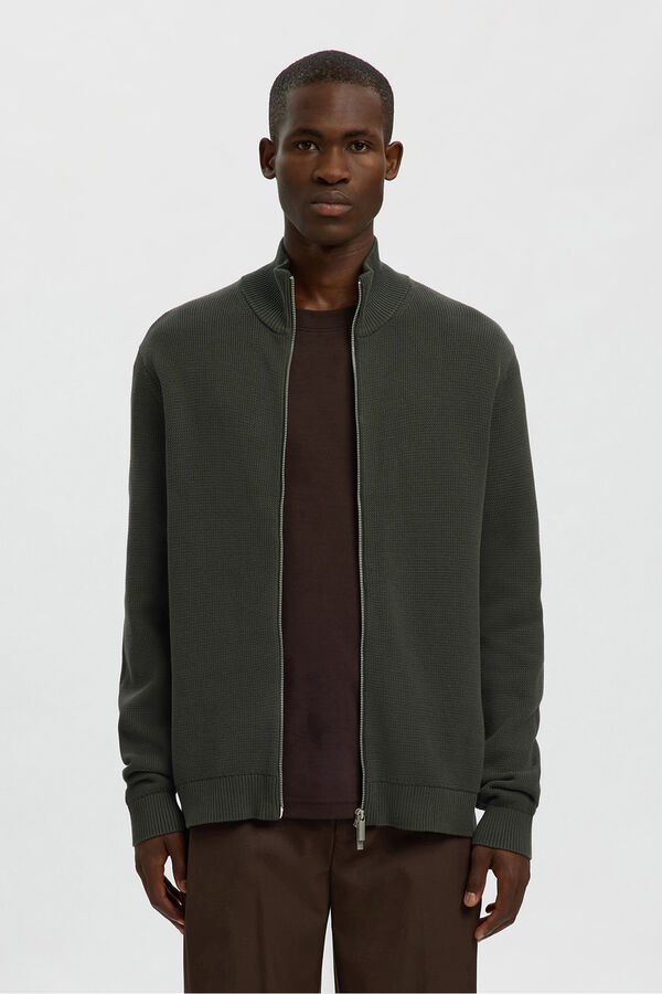 Selected 100% organic cotton jersey-knit zip fastening jacket Dark green