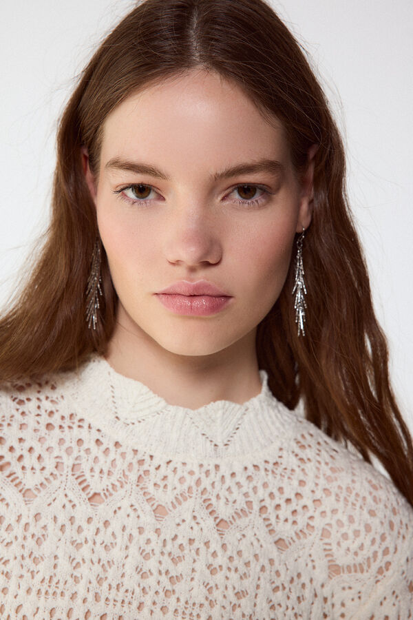 Slowlove Camisola de malha perfurada gola perkins Ecru