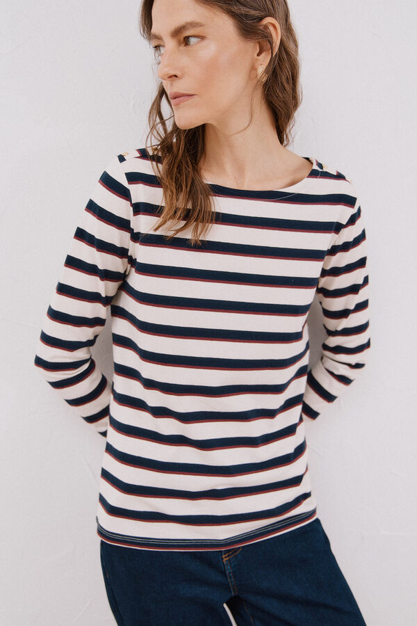 Cortefiel Boat neck T-shirt with buttons Printed blue