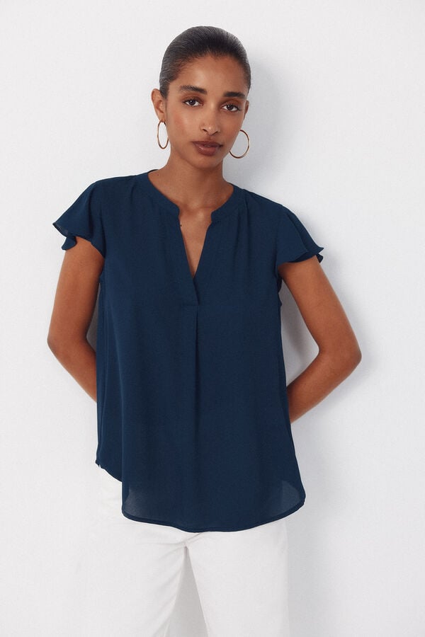 Cortefiel Fluid flutter sleeve blouse Navy