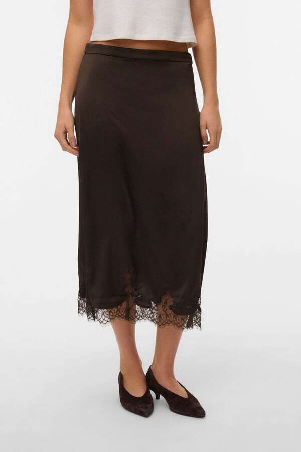 Vero Moda Satin-finish midi skirt with lace Dark brown