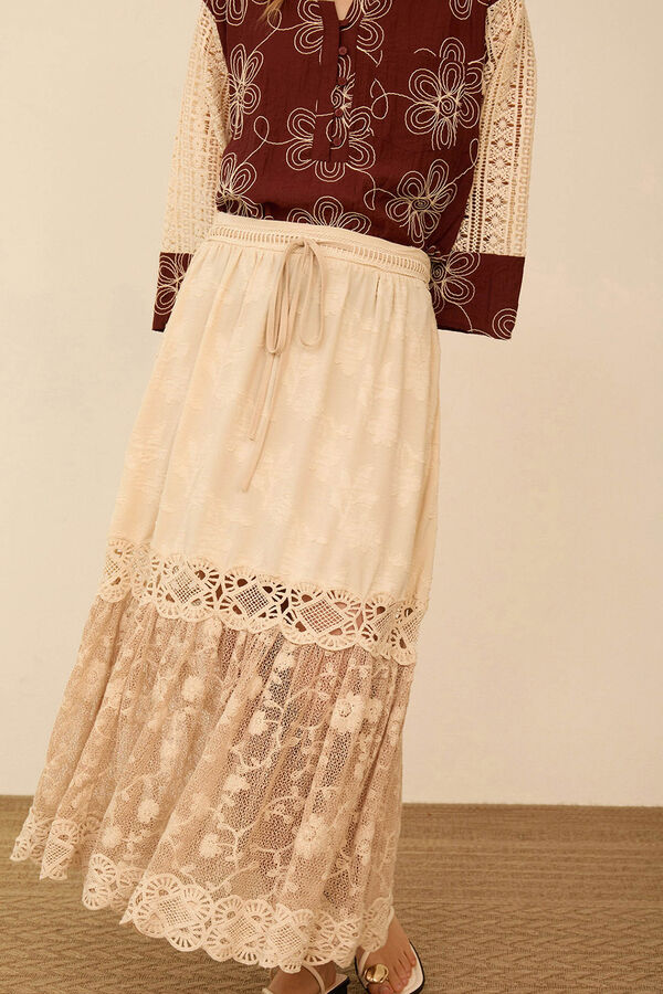 Meisie Bimaterial midi skirt Beige