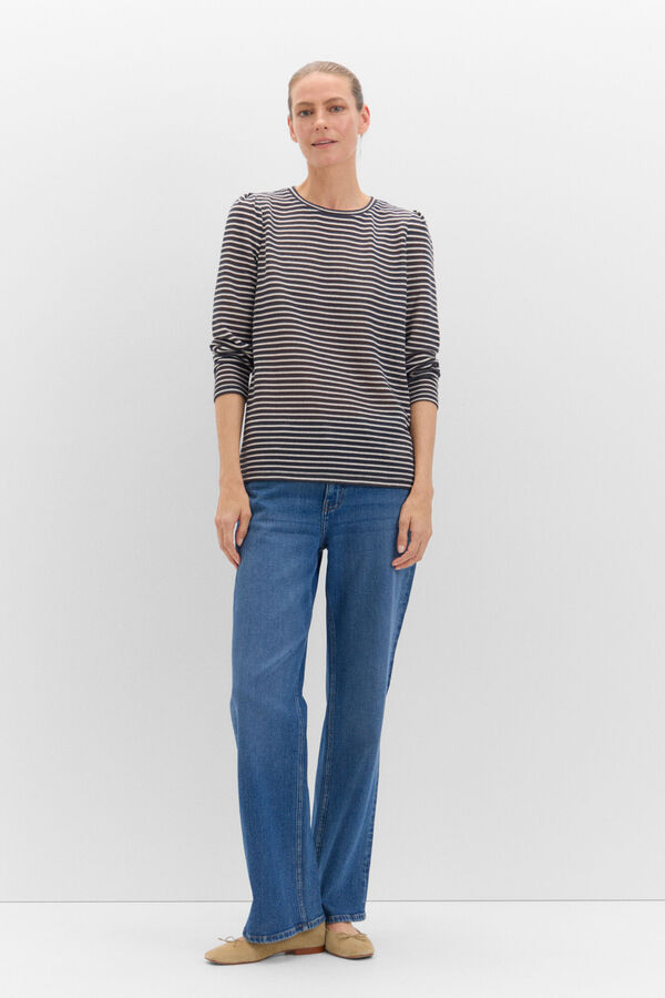 Cortefiel Striped top with gathered sleeves Printed blue