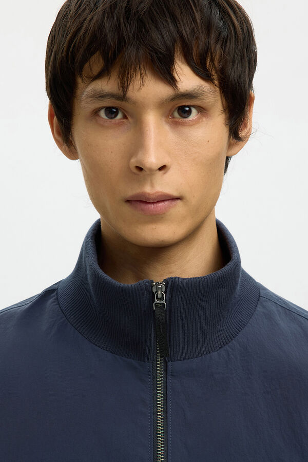 Selected Blus&atilde;o bomber para homem liso com fecho-&eacute;clair Azul