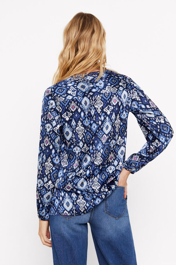 Cortefiel Long satin-finish blouse Printed blue