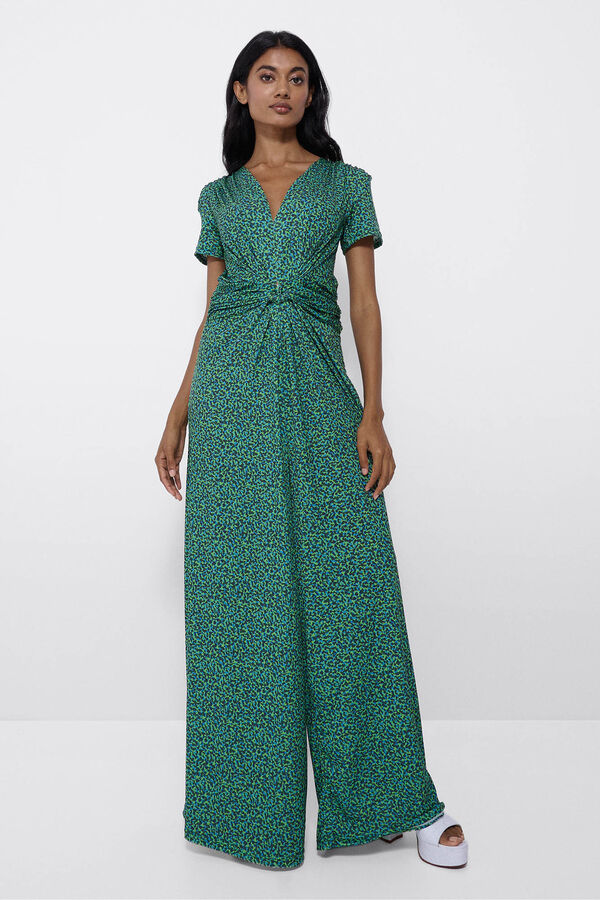Cortefiel Leopard print jersey-knit jumpsuit with knot Green