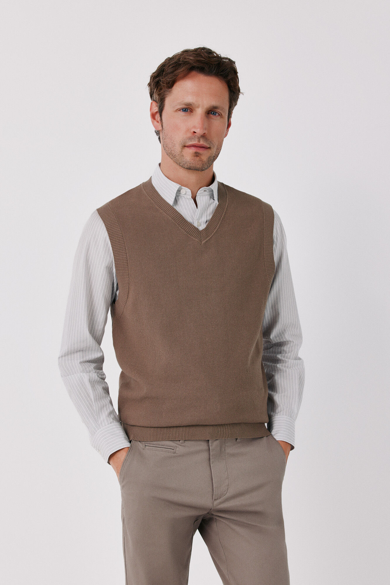 Cortefiel Cotton knit structure V-neck gilet