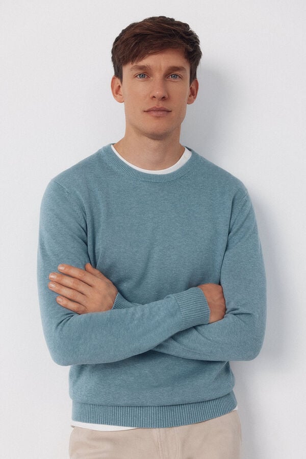 Cortefiel Basic cotton knit round neck jersey-knit Blue