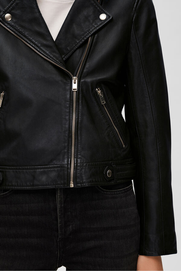 Selected Femme Blusão biker cropped 100% couro. Preto