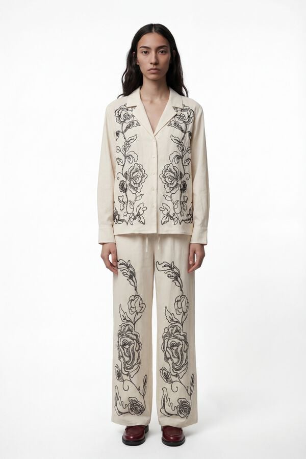 Vero Moda Cal&ccedil;a comprida de linho estampado  Tostado