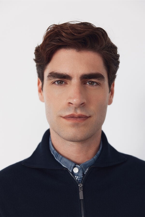 Cortefiel Cotton cardigan with zip fastening and polo shirt neck Navy