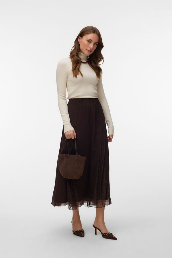 Vero Moda Saia midi em chiffon com renda Castanho