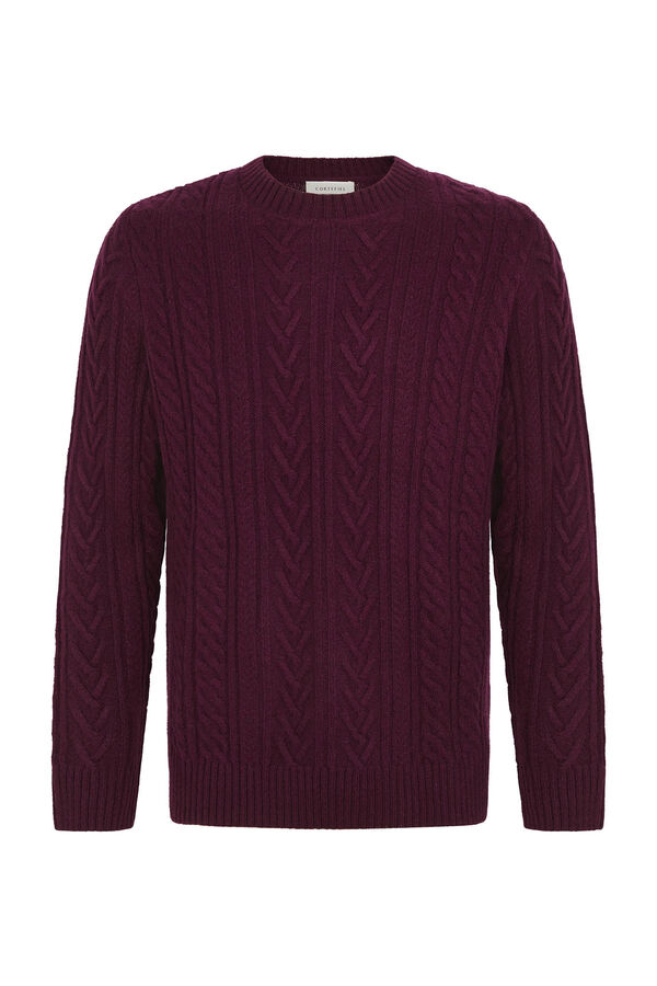 Cortefiel Cable knit jumper with round neck Maroon