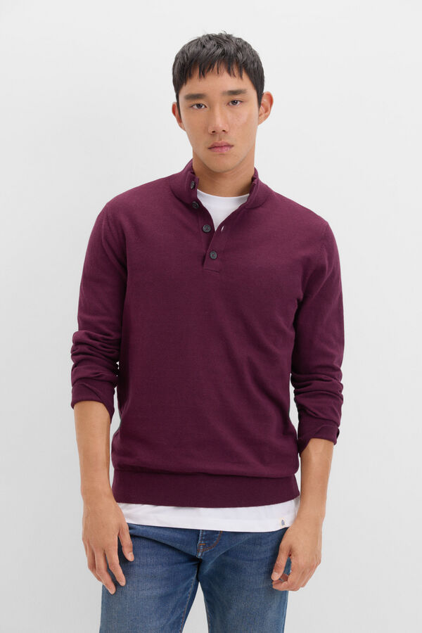 Cortefiel Cotton/silk cashmere high neck jumper with buttons Maroon