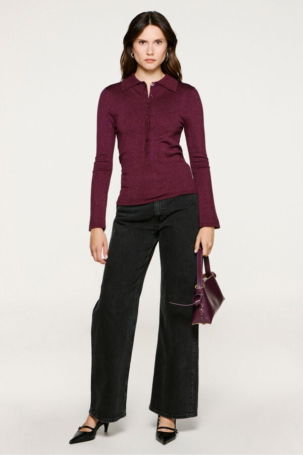 Selected Camisola polo de manga comprida com glitter Roxo