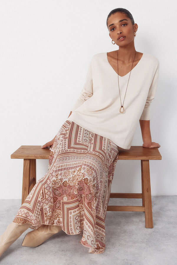 Cortefiel Camisola de malha decote bico Ecru