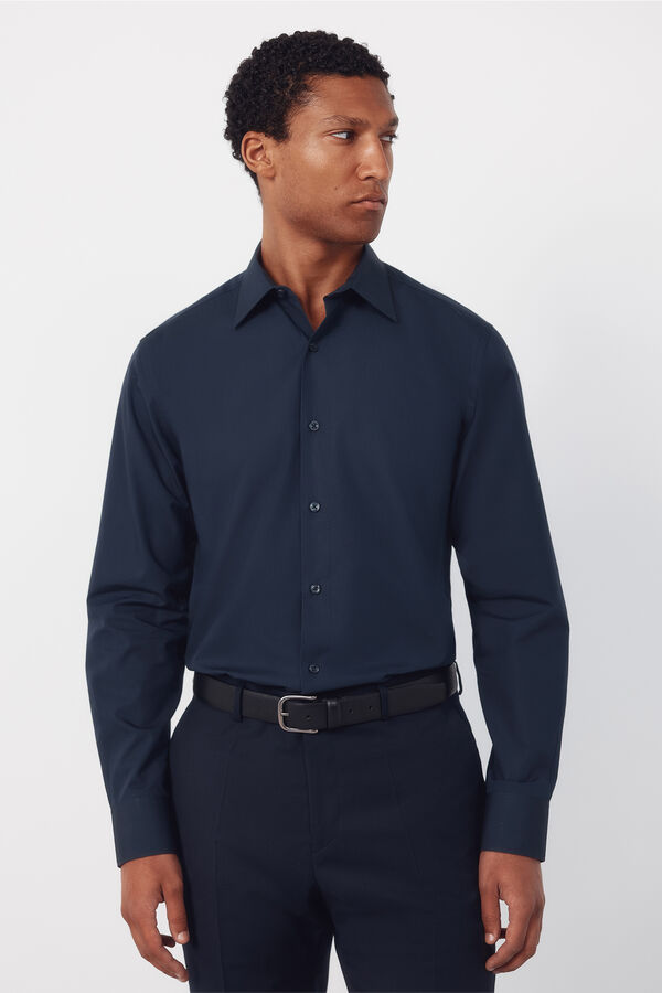 Cortefiel Camisa vestir lisa algod&oacute;n tencel Azul marino
