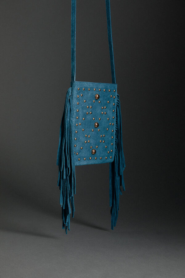 Cortefiel Suede fringed studded crossbody bag Turquoise