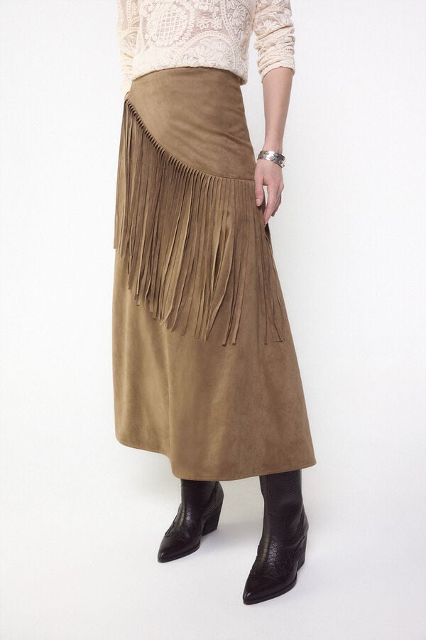Slowlove Falda antelina con flecos Marr&oacute;n