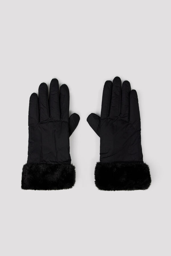 Cortefiel Nylon faux fur effect gloves Black