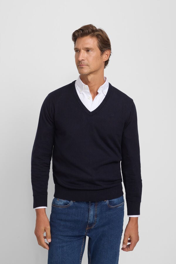 Silbon Camisola retrô com gola em V Azul