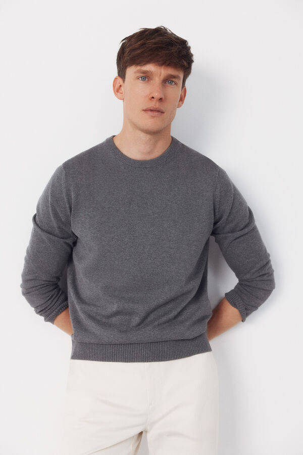 Cortefiel Basic cotton knit round neck jersey-knit Grey