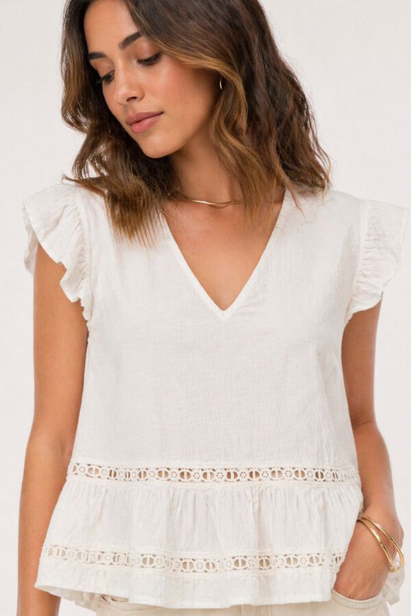 Vila Blusa em algod&atilde;o org&acirc;nico com mangas de folhos Branco