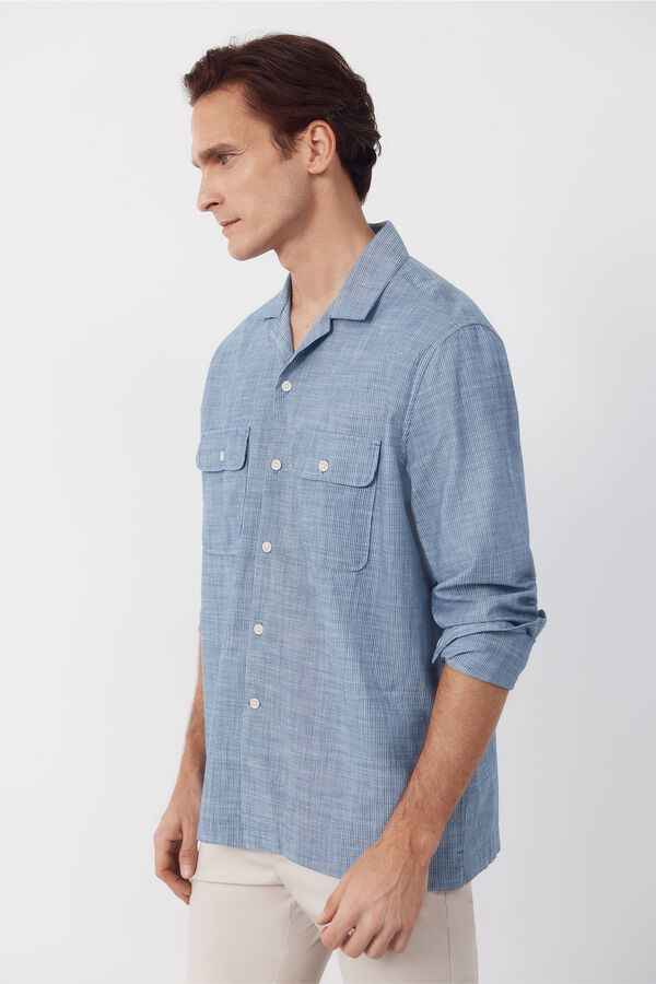 Cortefiel Camisa cuello bowling manga larga Azul