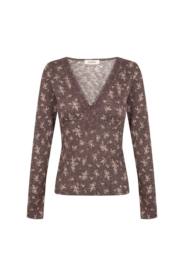 Slowlove Lace neckline top Printed white