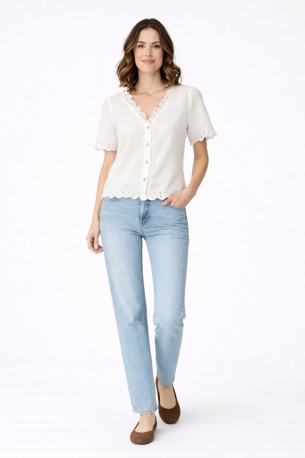 Vila Blusa em algod&atilde;o org&acirc;nico com renda inglesa Branco