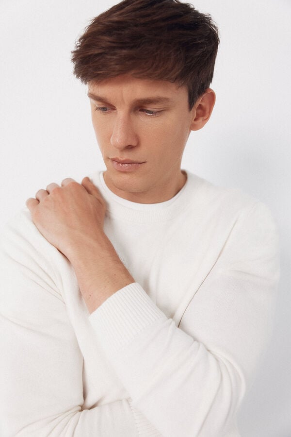 Cortefiel Basic cotton knit round neck jersey-knit Ivory