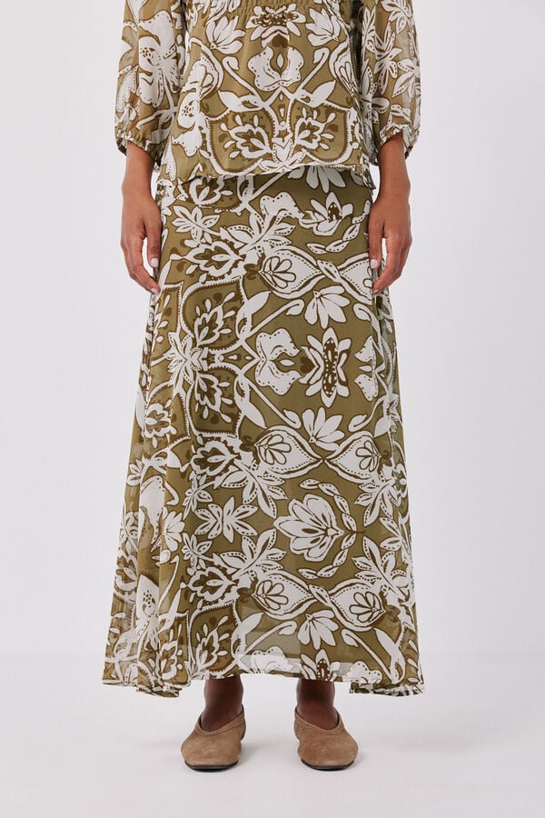 Cortefiel Printed long skirt Printed green