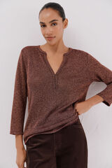 Cortefiel Lurex mandarin collar t-shirt Maroon