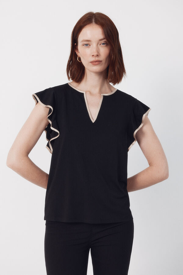 Cortefiel Contrasting piping jersey-knit top Black
